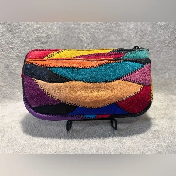 Vtg 80s La Covina Multicolored Recycled Leather Patchwork Shoulder Bag w/ Wallet - Picture 13 of 16